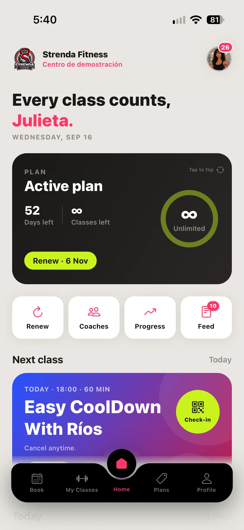 Inicio del socio con su plan activo y check-in