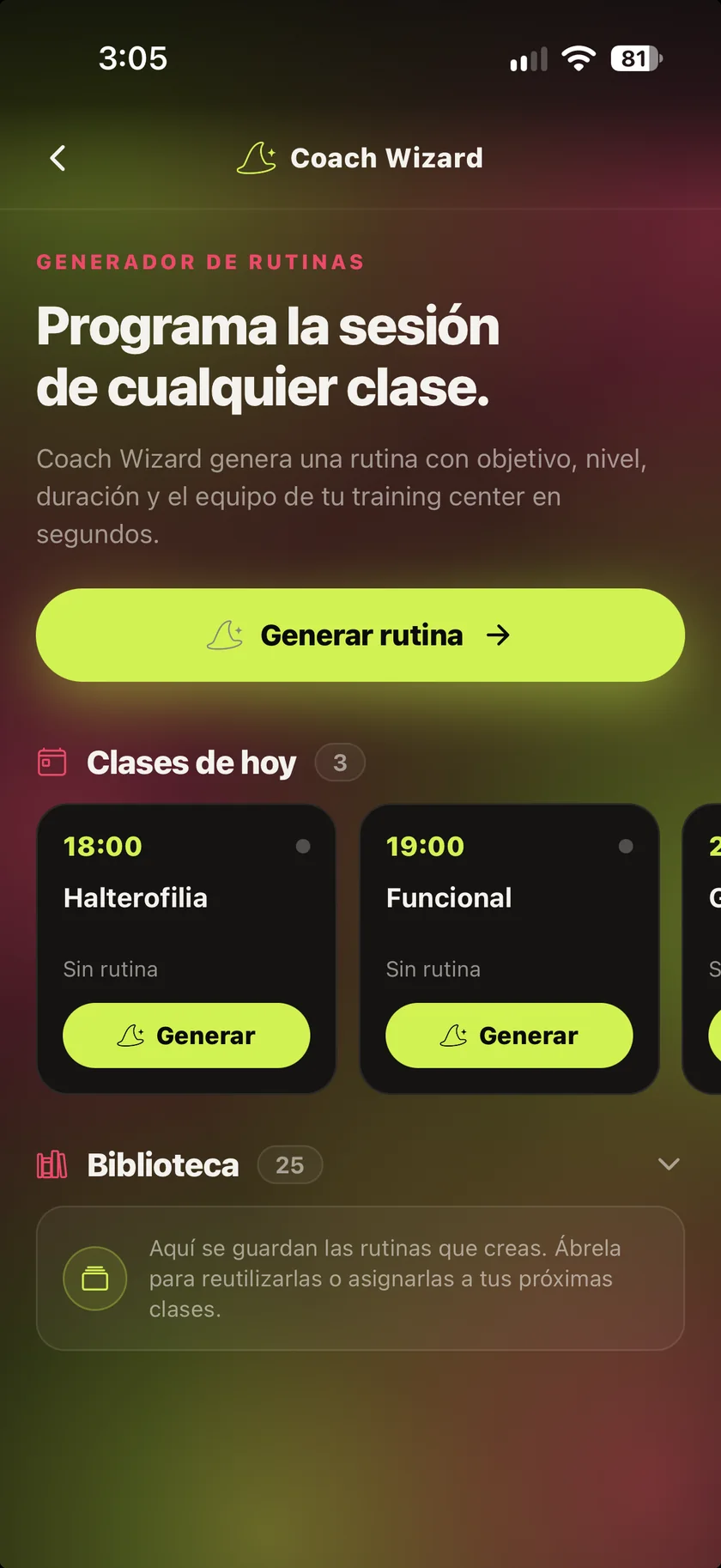 Coach Wizard generando una rutina