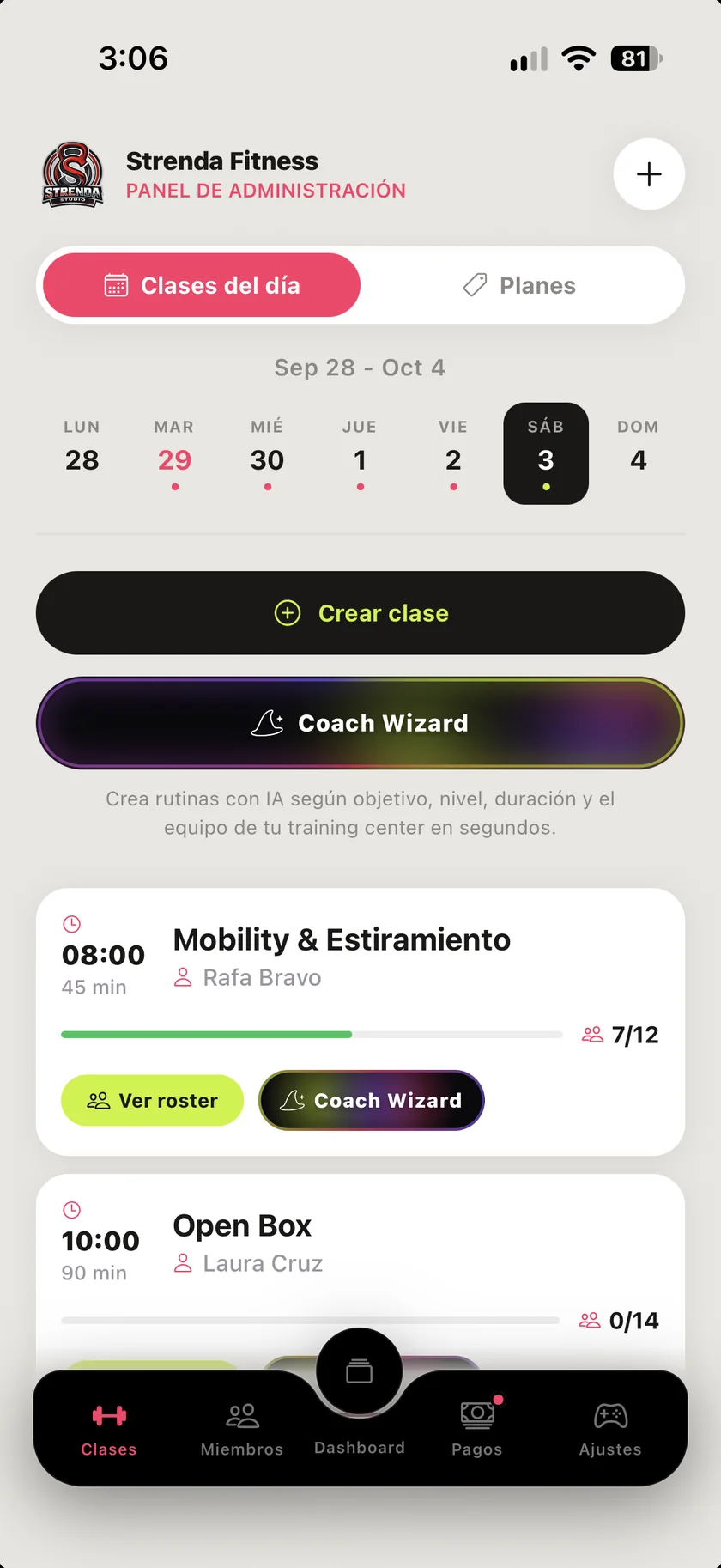 Clases del día en el panel de administración