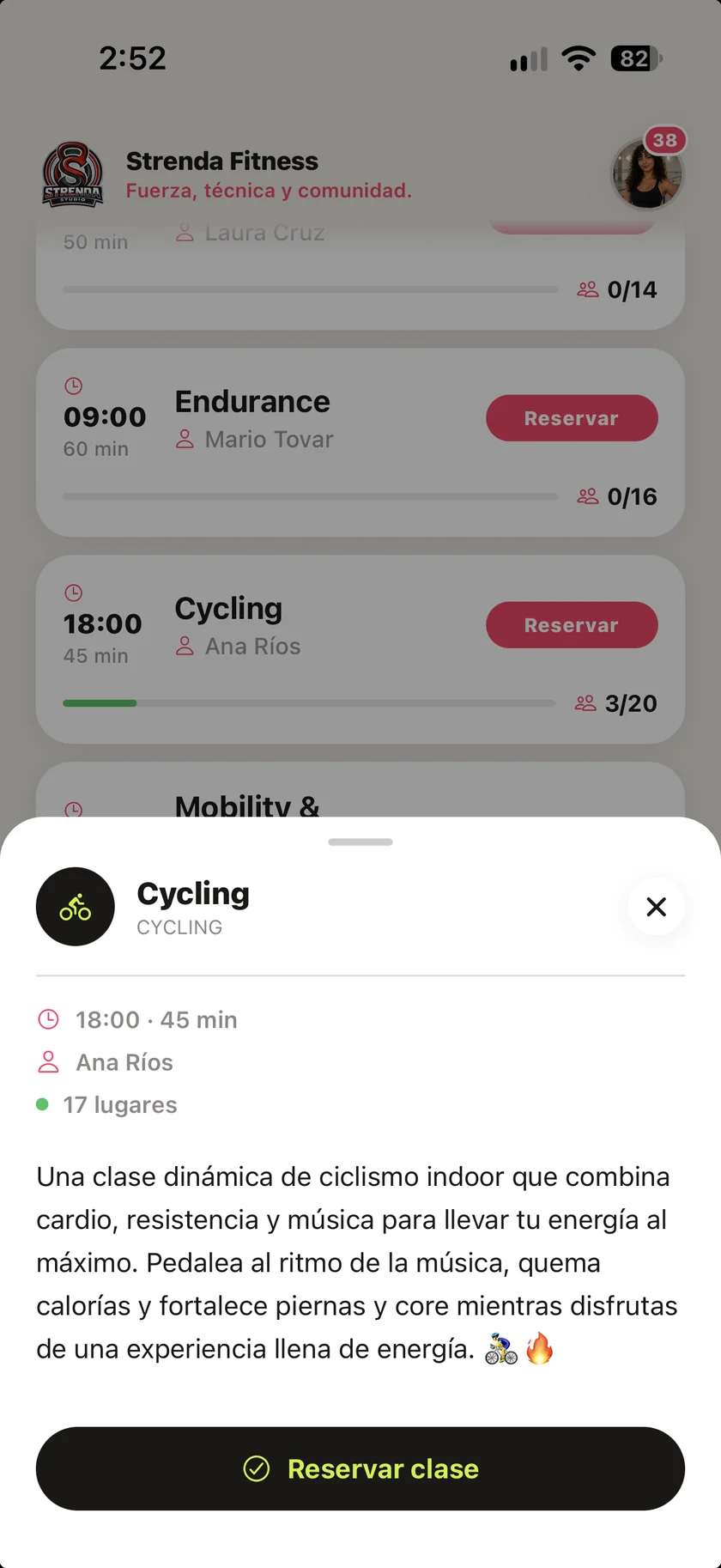 Detalle de la clase de Cycling con lugares disponibles