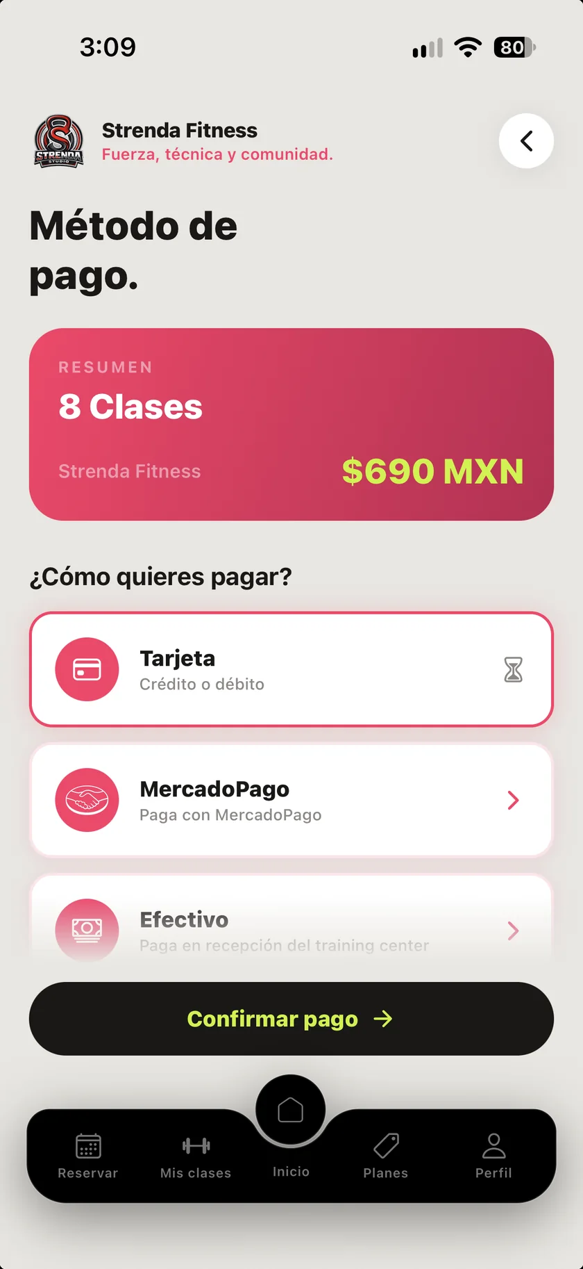 Selección de método de pago en la app