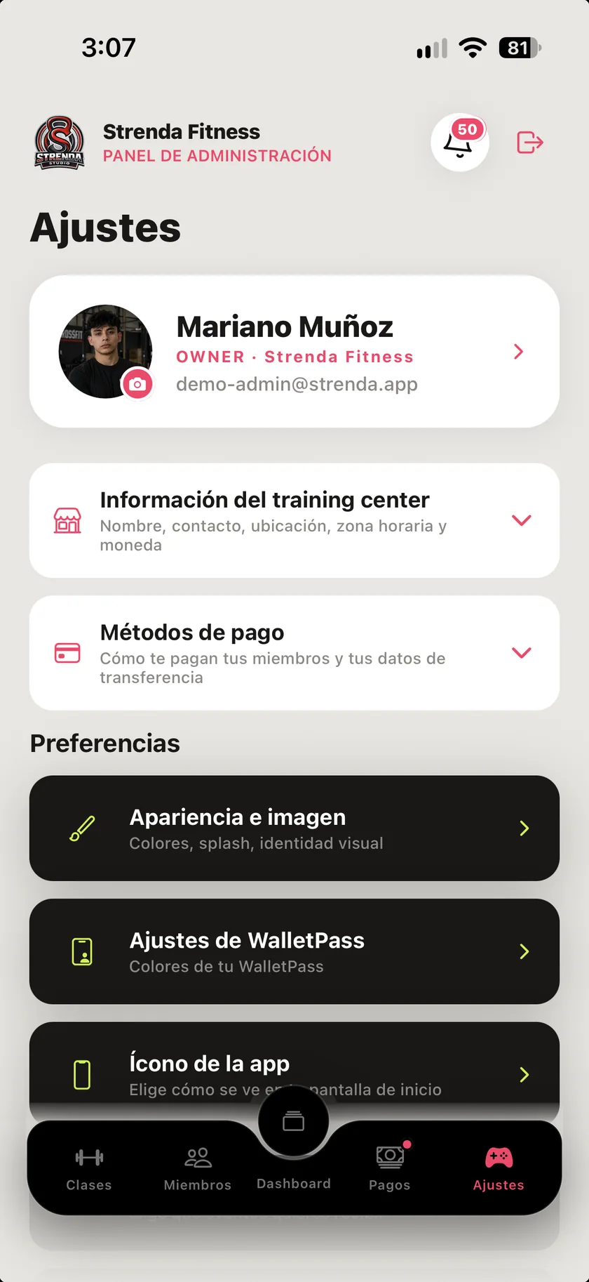 Ajustes del panel de administración