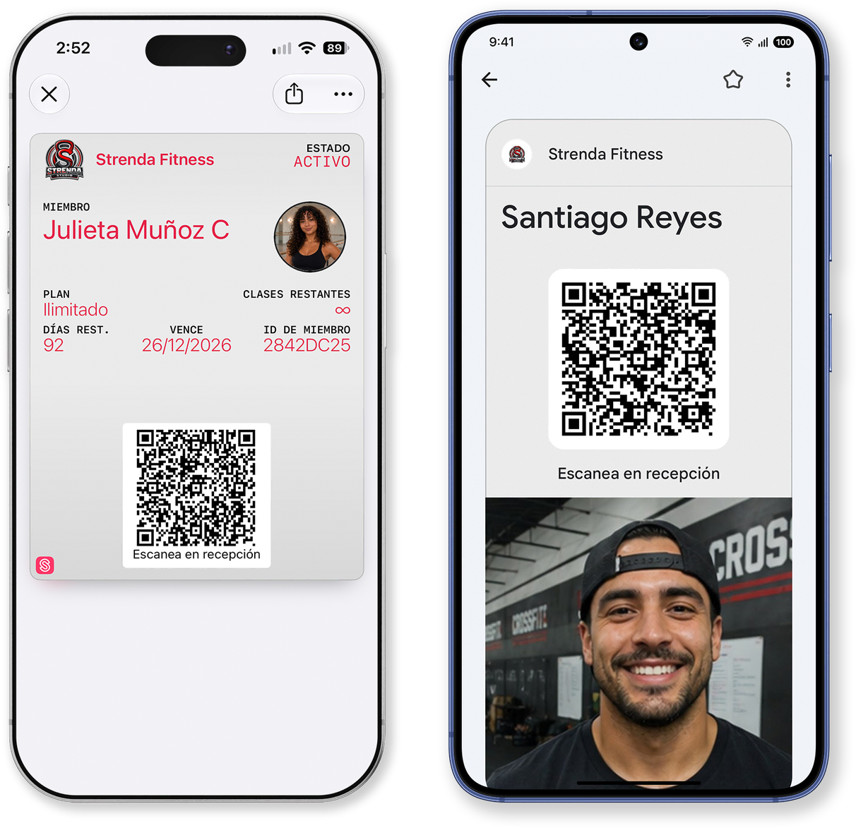 La credencial de socio de Strenda mostrada en Apple Wallet y Google Wallet en dos teléfonos